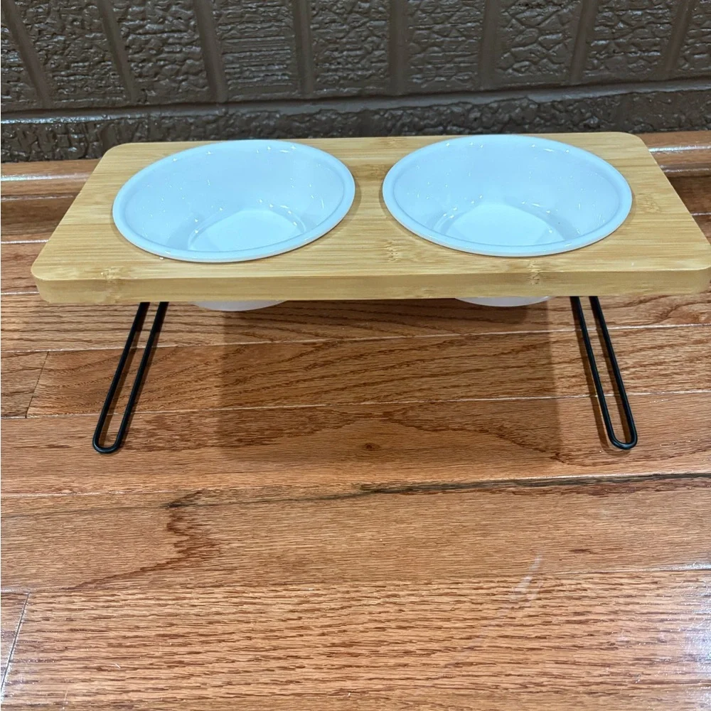 Wooden Pet Bowl Stand with White Bowls